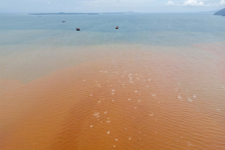 A view of the sea waters contaminated by nickel mines in the village of Torete near the mining site on June 10, 2024 in Morowali, Central Sulawesi, Indonesia.